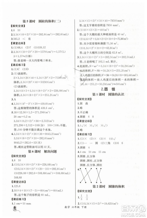 河北专版2019同步导学案课时练人教版六年级数学下册参考答案