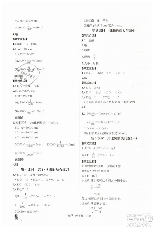 河北专版2019同步导学案课时练人教版六年级数学下册参考答案
