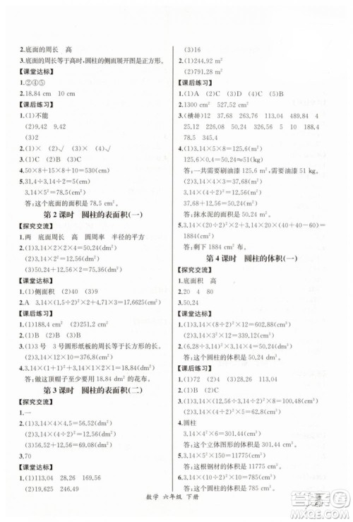河北专版2019同步导学案课时练人教版六年级数学下册参考答案