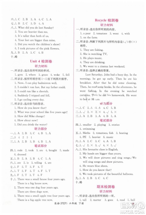 人教版同步导学案课时练2019六年级英语下册参考答案