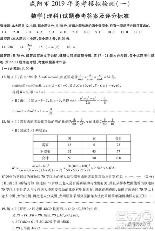 2019届陕西省咸阳市高三一模理科数学试卷及答案 2019届陕西省咸阳市高三一模理科数学试卷及答案
