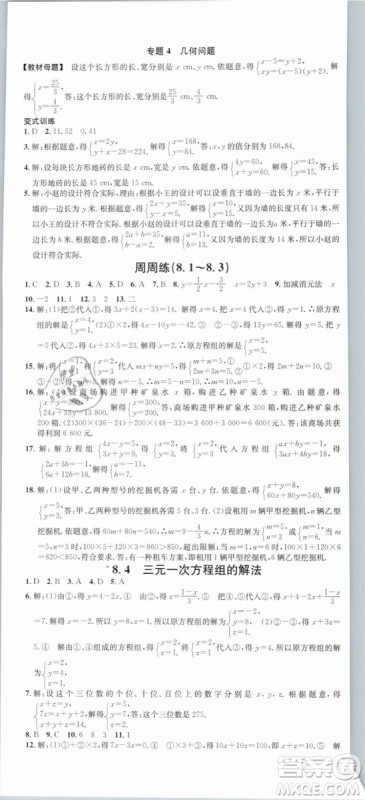 云南专版滚动学习法名校课堂2019七年级数学下册RJ人教版答案