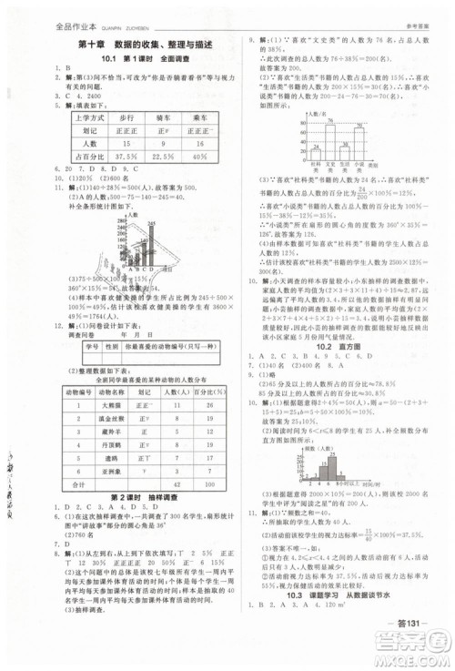全品作业本2019七年级下册数学新课标人教版RJ参考答案