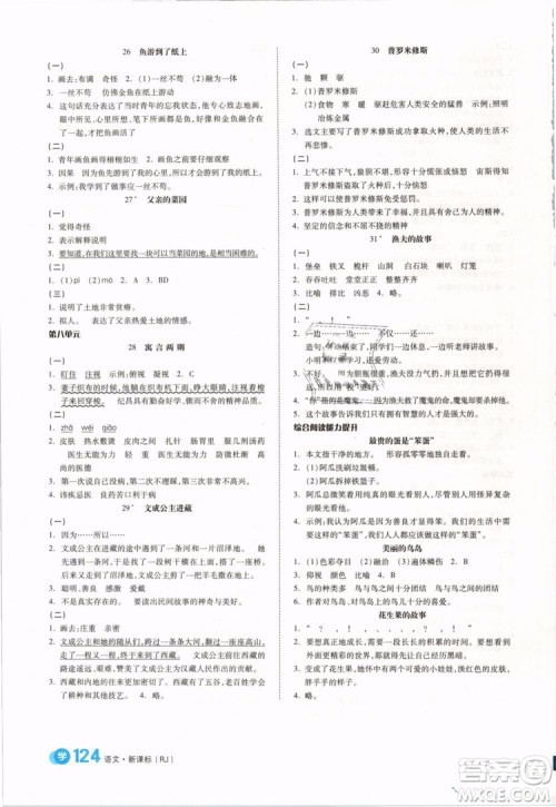 全品学练考2019版四年级下册语文RJ人教版参考答案 全品学练考2019版四年级下册语文RJ人教版参考答案
