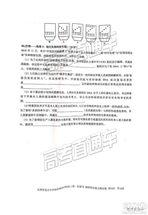 2019年江西重点中学协作体高三第一次联考理综试题及参考答案 2019年江西重点中学协作体高三第一次联考理综试题及参考答案