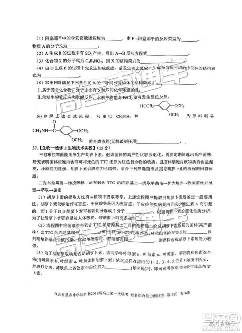 2019年江西重点中学协作体高三第一次联考理综试题及参考答案 2019年江西重点中学协作体高三第一次联考理综试题及参考答案