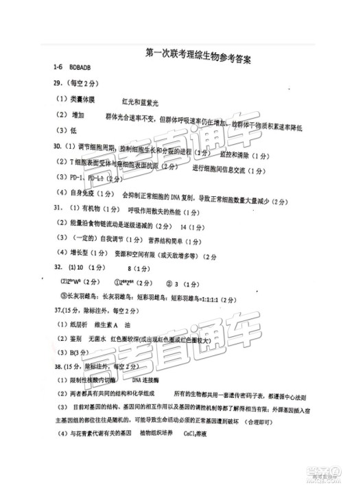 2019年江西重点中学协作体高三第一次联考理综试题及参考答案 2019年江西重点中学协作体高三第一次联考理综试题及参考答案