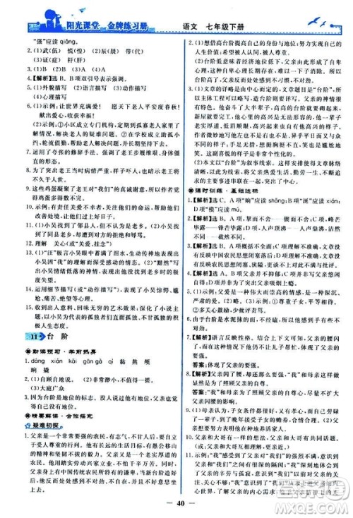 人教版2019版阳光课堂金牌练习册七年级下册语文参考答案