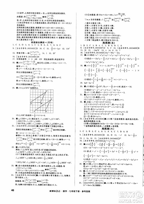 2019年全品小复习七年级下册数学新课标ZJ浙教版参考答案 2019年全品小复习七年级下册数学新课标ZJ浙教版参考答案
