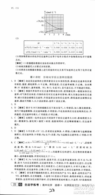 2019年全品学练考练习册高中化学选修4新课标SJ苏教版参考答案
