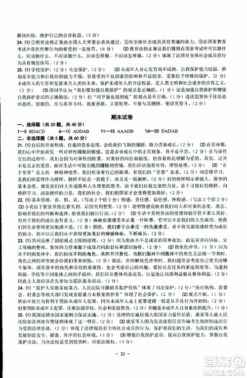 杨柳文化2019年练习精编七年级下册历史与社会道德与法治参考答案