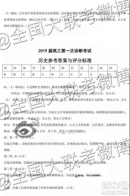 河北省五个一名校联盟2019届高三下学期第一次诊断考试文科综合参考答案