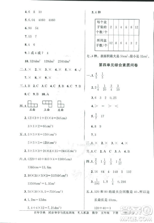 百年学典同步导学与优化训练2019人教版数学六年级下册答案