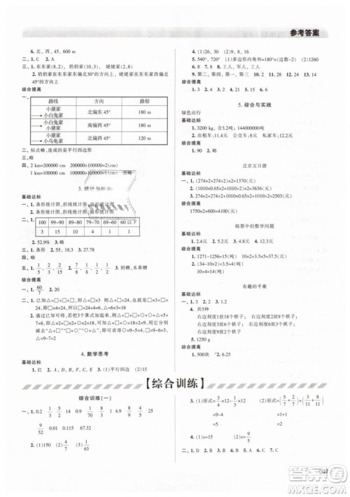 2019春人教版学习质量监测六年级数学下册参考答案 2019春人教版学习质量监测六年级数学下册参考答案