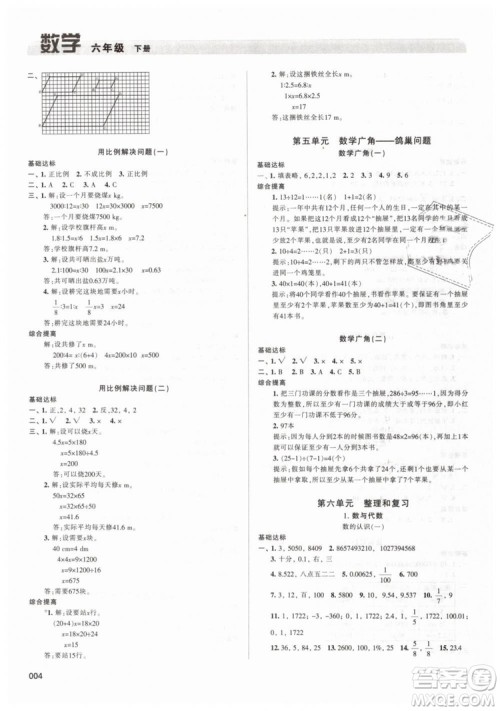 2019春人教版学习质量监测六年级数学下册参考答案 2019春人教版学习质量监测六年级数学下册参考答案