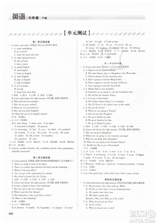 人教版学习质量监测2019春六年级英语下册参考答案