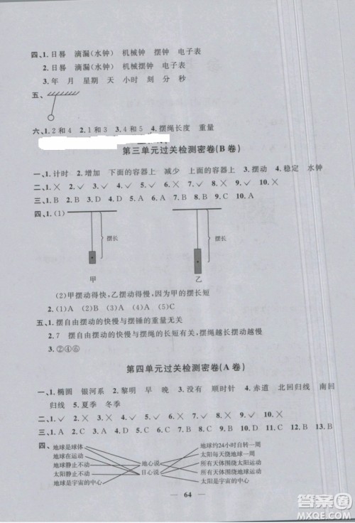 阳光同学2019版一线名师全优好卷五年级下册科学教科版参考答案