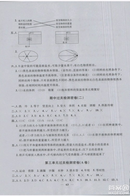 阳光同学2019版一线名师全优好卷五年级下册科学教科版参考答案