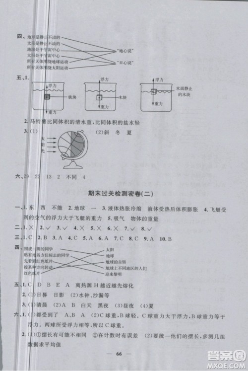 阳光同学2019版一线名师全优好卷五年级下册科学教科版参考答案