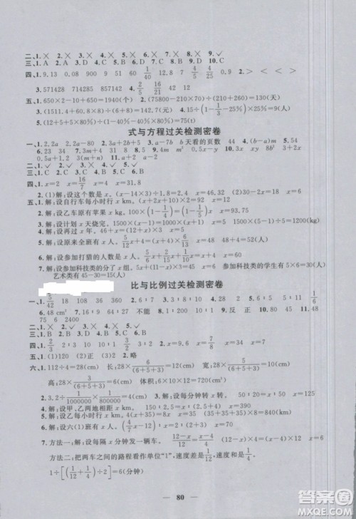 2019年阳光同学一线名师全优好卷六年级下册数学RJ人教版参考答案