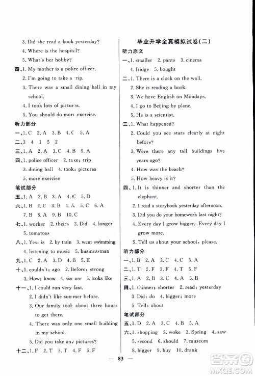 2019新版阳光同学六年级下册试卷英语一线名师全优好卷人教版参考答案
