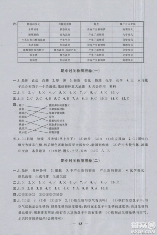 2019新版阳光同学六年级下册试卷科学一线名师全优好卷JK教科版参考答案