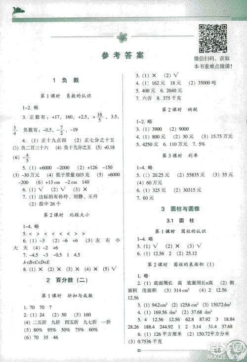 2019南方新课堂人教版金牌学案数学六年级下册参考答案