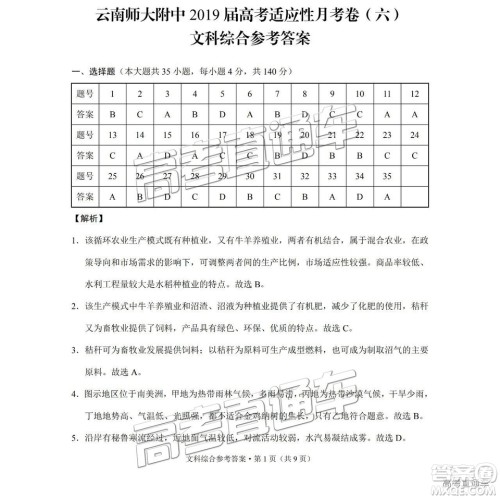 云南师大附中2019年高三高考适应性月考卷六文综答案 云南师大附中2019年高三高考适应性月考卷六文综答案