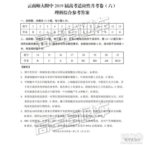 云南师大附中2019年高三高考适应性月考卷六理综试卷及答案 云南师大附中2019年高三高考适应性月考卷六理综试卷及答案