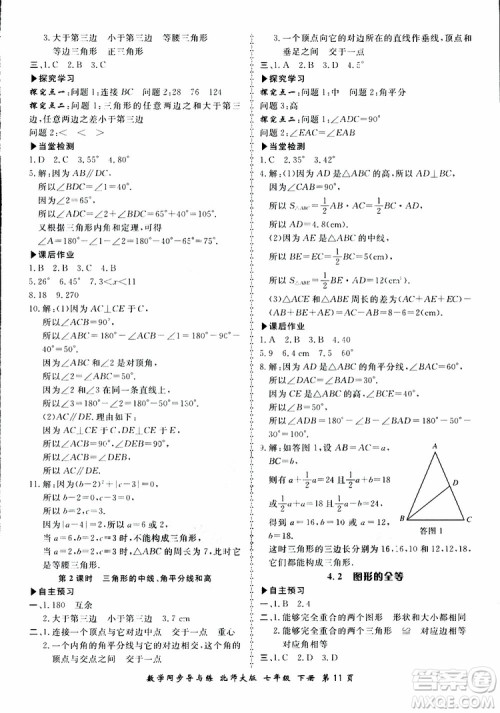 2019春新学案同步导与练数学七年级下册北师大版参考答案