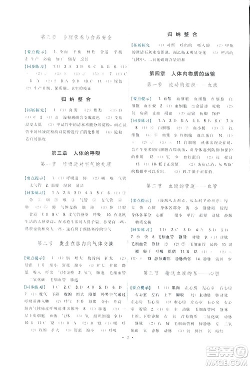 2019顶尖课课练生物七年级下册人教版答案 2019顶尖课课练生物七年级下册人教版答案