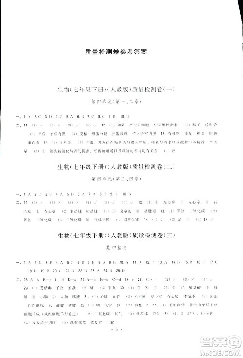 2019顶尖课课练生物七年级下册人教版答案