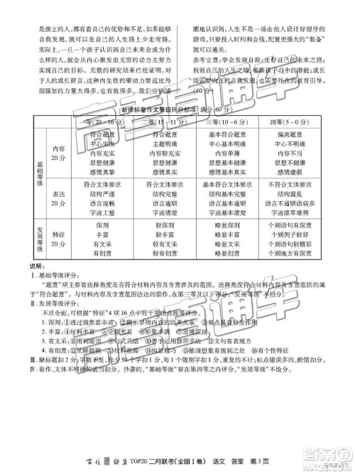 2019年百校联盟TOP20二月联考全国Ⅰ卷语文参考答案