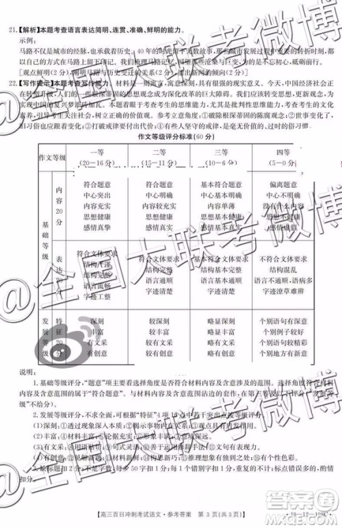 2019年高三百日冲刺考试语文参考答案