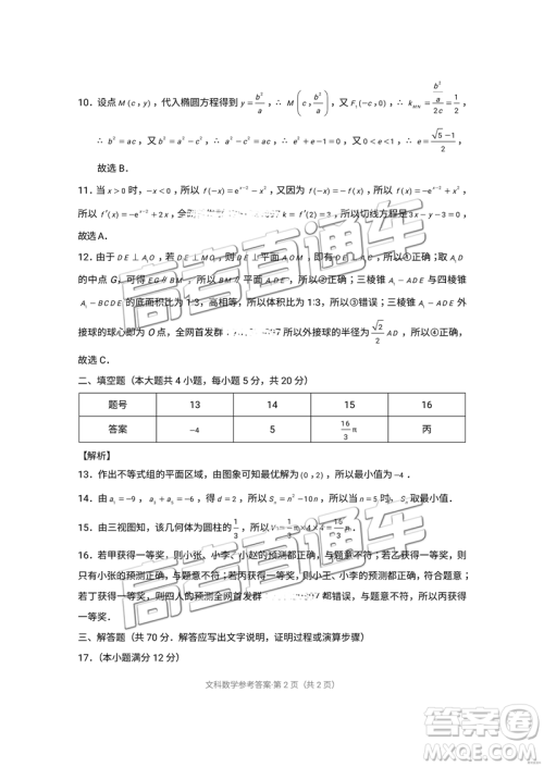 昆十中云天化中学2019届高三复习备考联合质量检测卷四文数参考答案