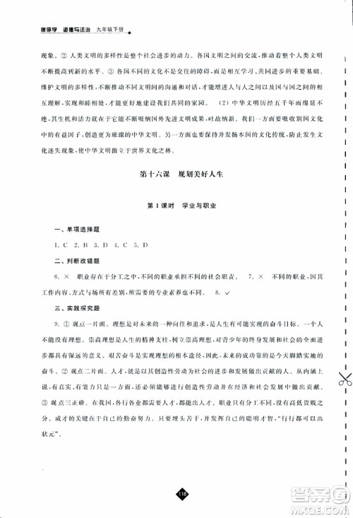 2019春人教版伴你学九年级下册道德与法治参考答案