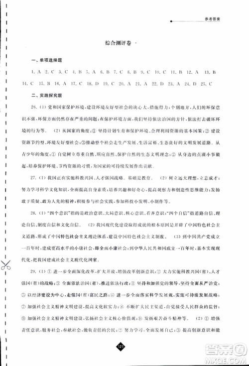 2019春人教版伴你学九年级下册道德与法治参考答案