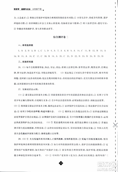 2019春人教版伴你学九年级下册道德与法治参考答案