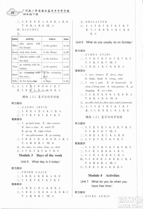 王牌英语top2019新版小学英语双基同步导学导练四年级下册广州版答案