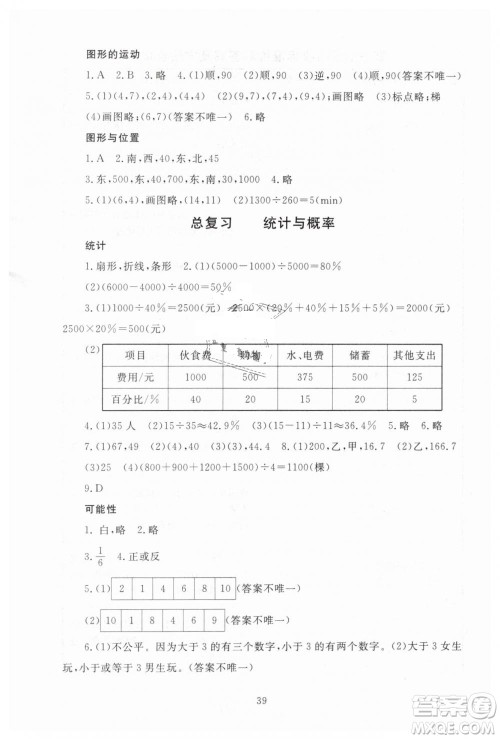 海淀名师伴你学2019年同步学练测六年级下册第2版数学BS北师大版参考答案
