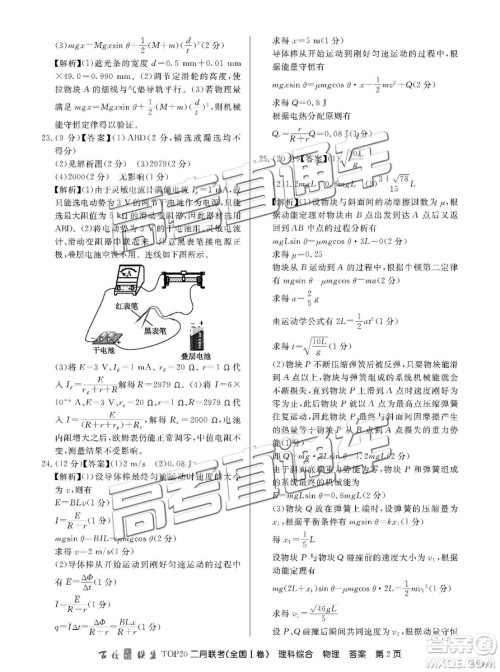 2019年百校联盟TOP20二月联考全国Ⅰ卷理综参考答案