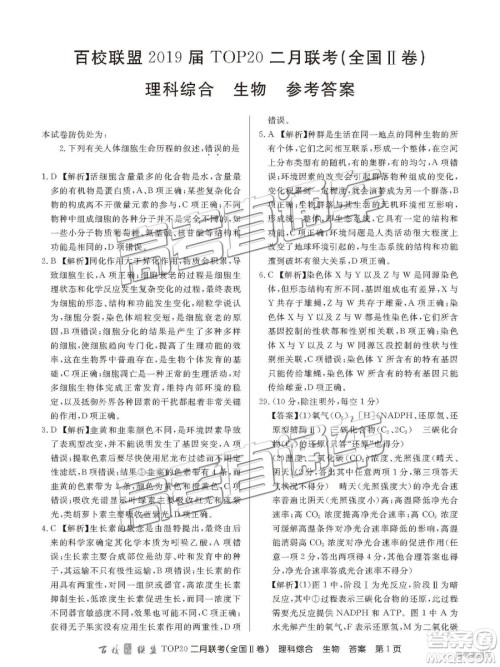 2019年百校联盟TOP20二月联考全国Ⅱ卷理综参考答案 2019年百校联盟TOP20二月联考全国Ⅱ卷理综参考答案