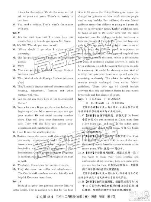 2019百校联盟TOP20二月联考全国Ⅰ卷英语参考答案 2019百校联盟TOP20二月联考全国Ⅰ卷英语参考答案