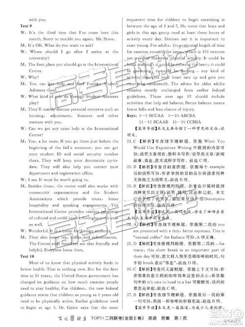2019百校联盟TOP20二月联考全国Ⅱ卷英语参考答案 2019百校联盟TOP20二月联考全国Ⅱ卷英语参考答案