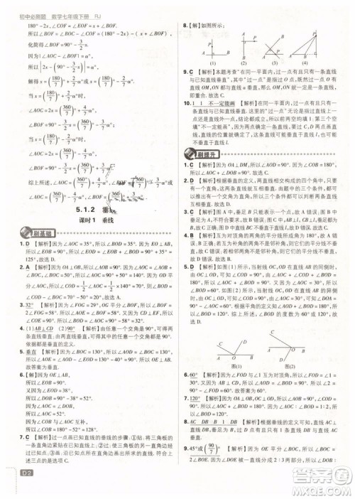 2019版初中必刷题七年级下册数学RJ人教版参考答案