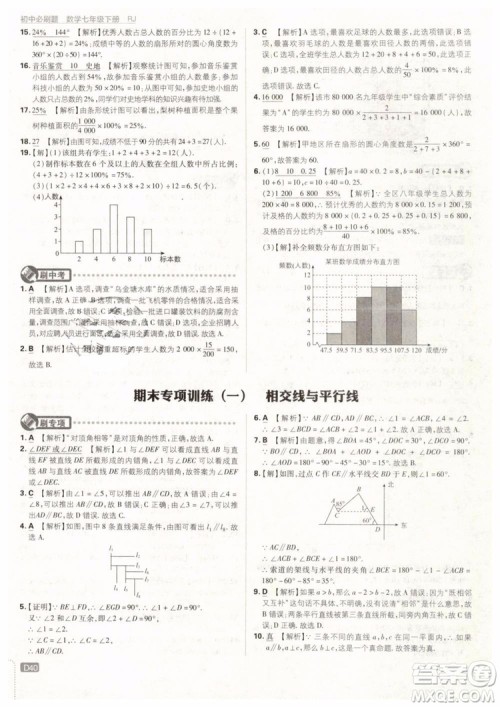 2019版初中必刷题七年级下册数学RJ人教版参考答案