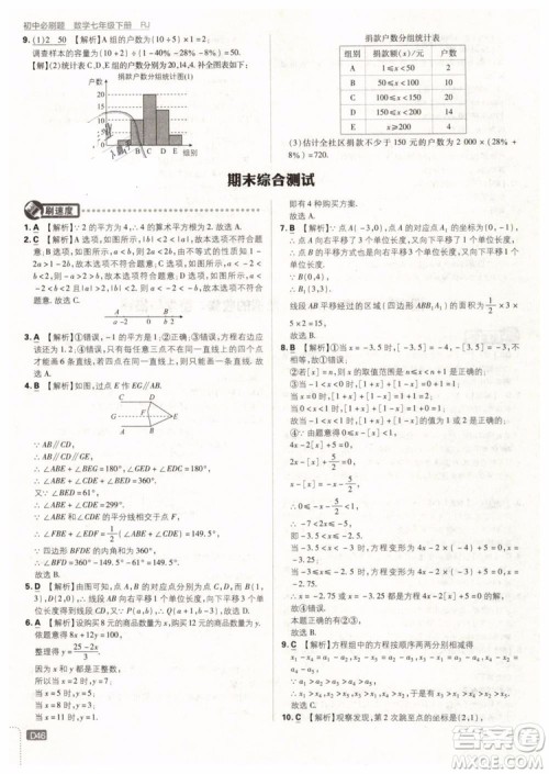 2019版初中必刷题七年级下册数学RJ人教版参考答案
