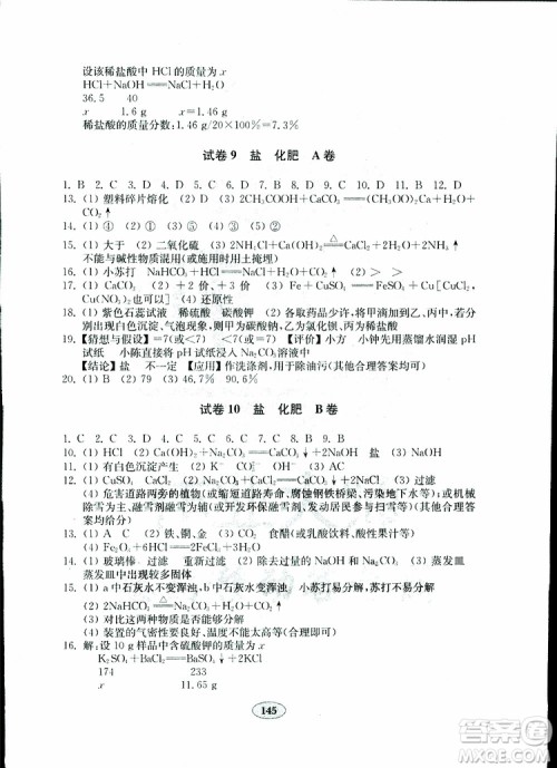 2019年金钥匙化学试卷九年级下册人教版参考答案