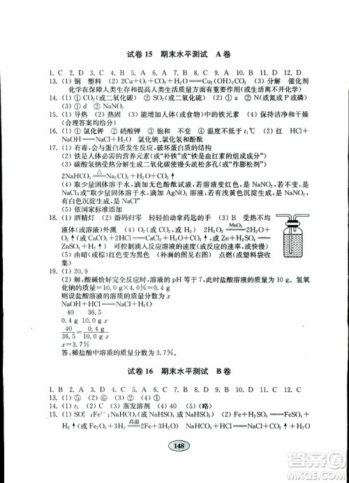 2019年金钥匙化学试卷九年级下册人教版参考答案