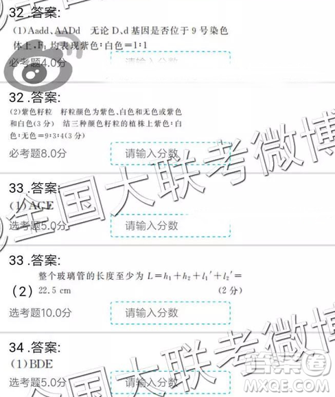 2019年全国普通高中高三二月大联考理综参考答案 2019年全国普通高中高三二月大联考理综参考答案